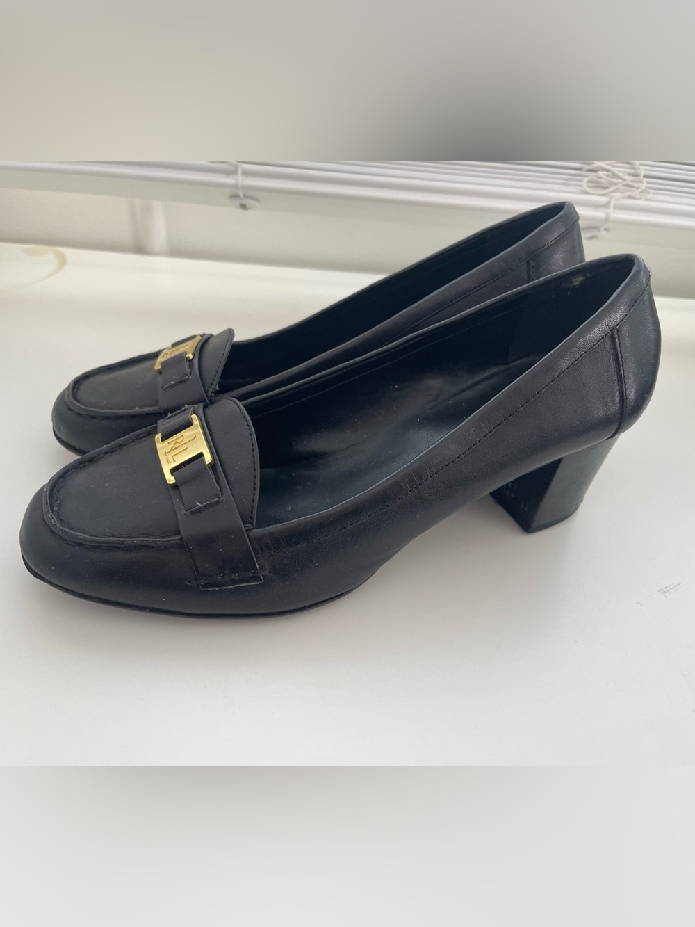 Lauren Ralph Lauren Black Leather Loafers Block Heel Size 9
